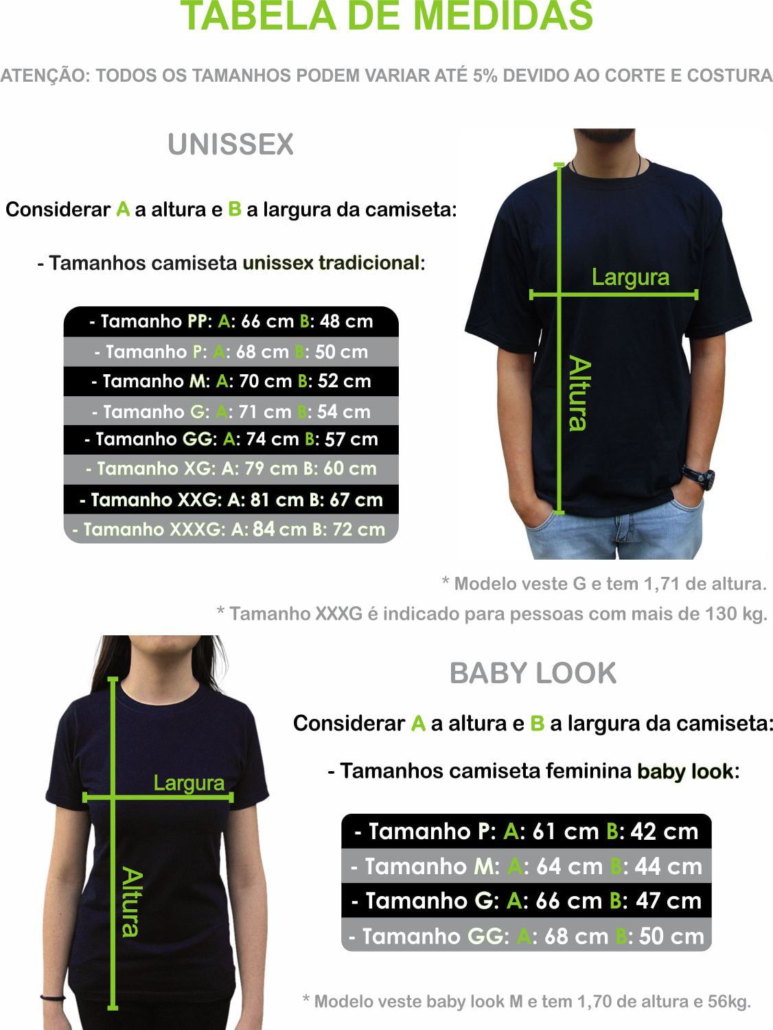 Kit Camiseta Café Namorados - Tabela de medidas