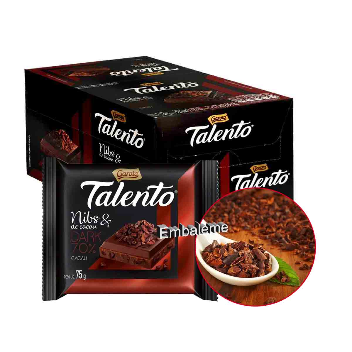 Chocolate Talento Nibs DARK 70% Cacau Caixa com 15 unidade de 75g (Cada)