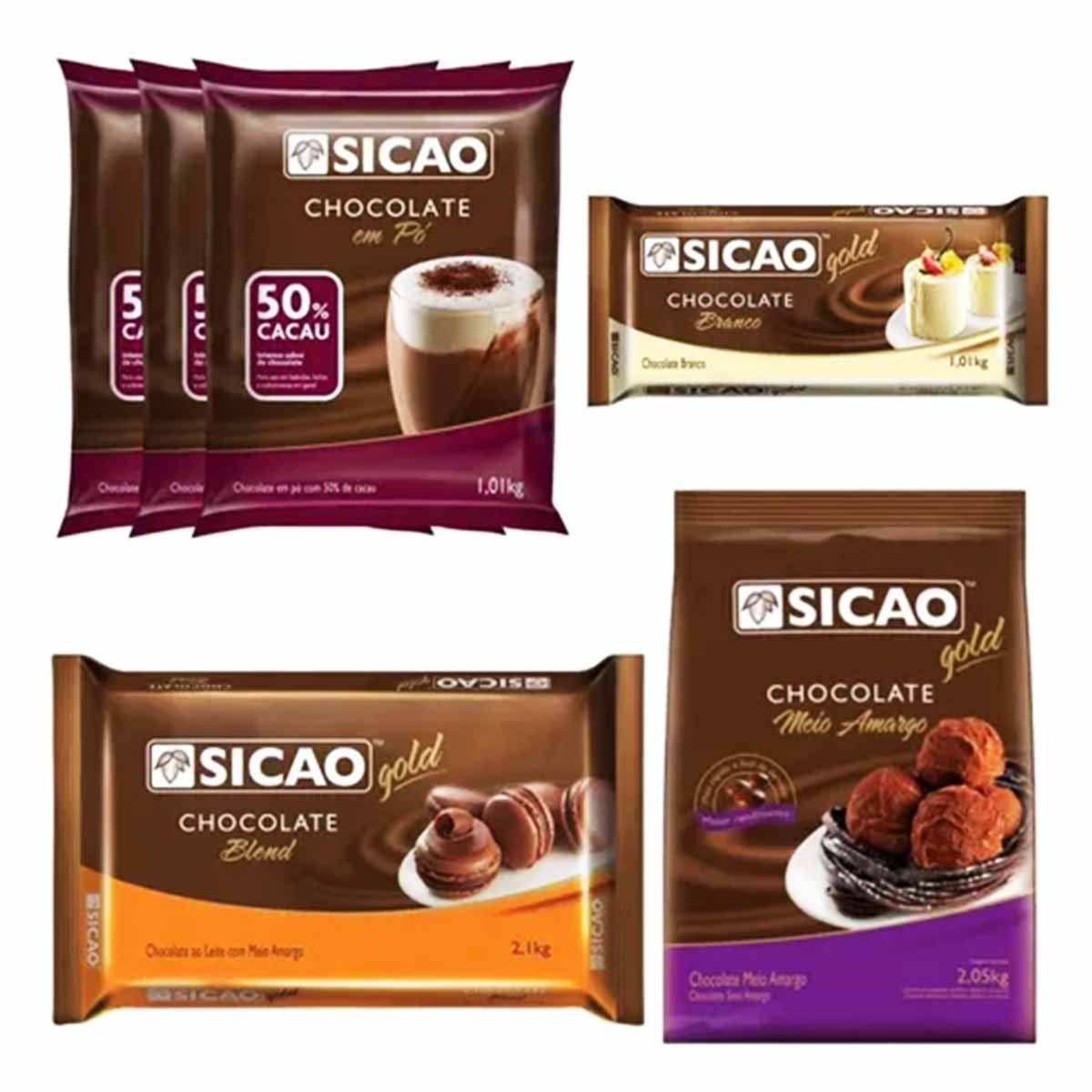 Kit Cesta 3 Chocolate Em Pó 50% 1kg + Chocolates Sicao Gold