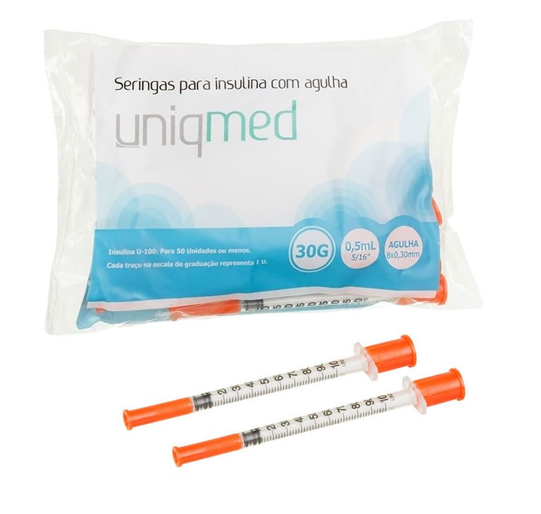 Seringa Insulina 0,5mL 50UI Ag. 8x0,30mm 30G Pct c/10un Uniqmed