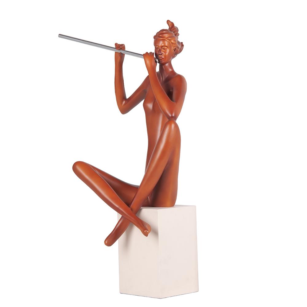 Escultura Flautista Marrom Base Bege