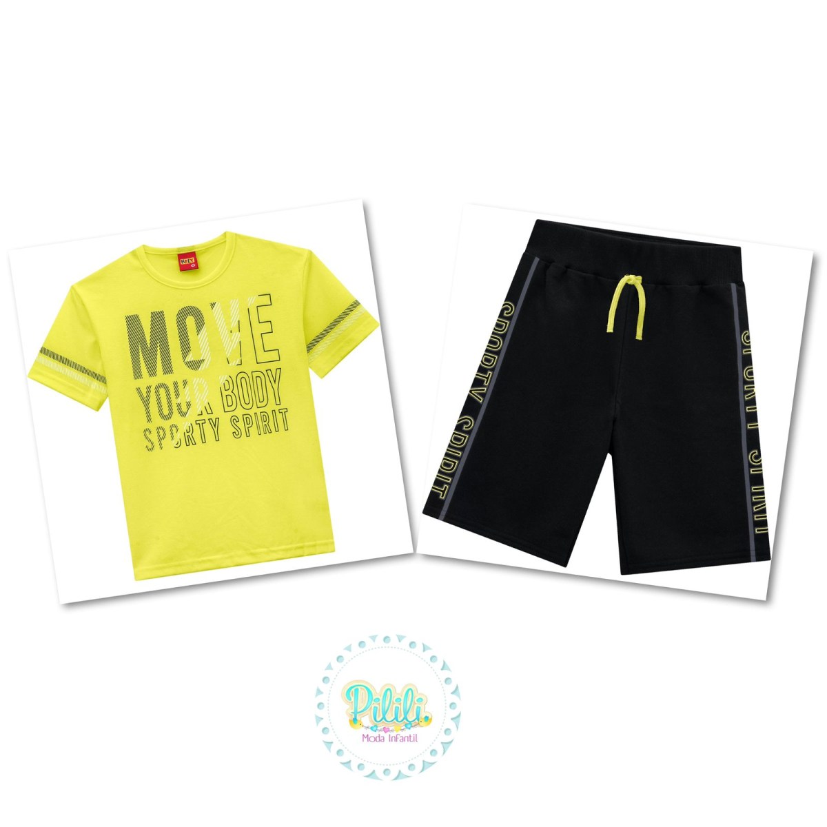 Conjunto Menino Kyly Camiseta em Algodão e Bermuda em Moletom s/felpa - Amarelo Neon