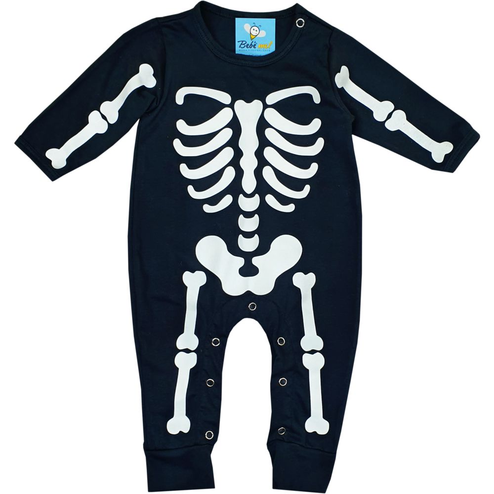 Macacão Bebê Longo em Malha Halloween Esqueleto