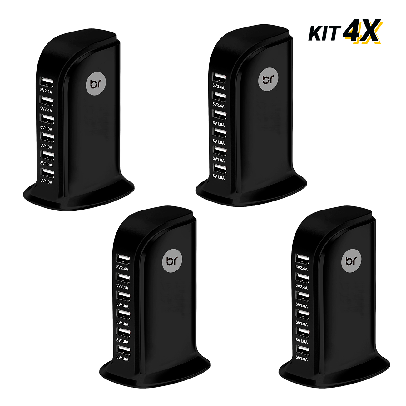 kit 4 Carregadores de Mesa Torre USB c/ 6 portas 2.4V e 1.0V - BRIGHT
