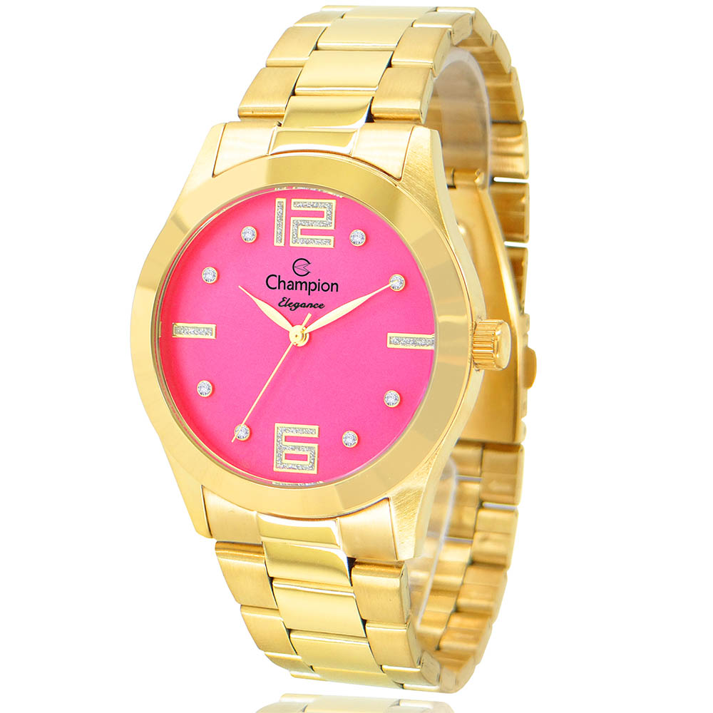 Relógio Champion Elegance Feminino Dourado e Rosa com Colar e Brincos CN26555J