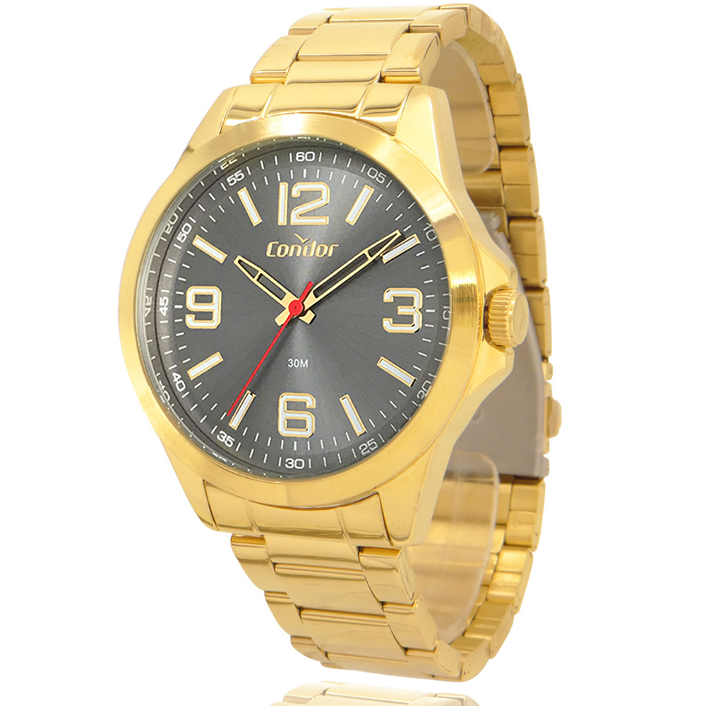 Relógio Condor Masculino Dourado e Cinza com Carteira Lebrave de Brinde COPC21AEEO4C