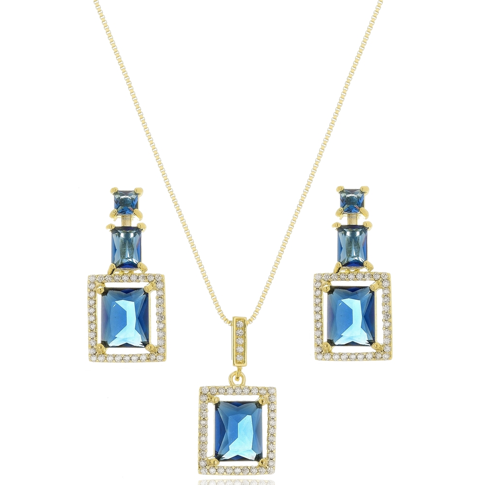 Conjunto colar e brinco quadrado em cristal azul e zircônias brancas folheado a ouro 18k