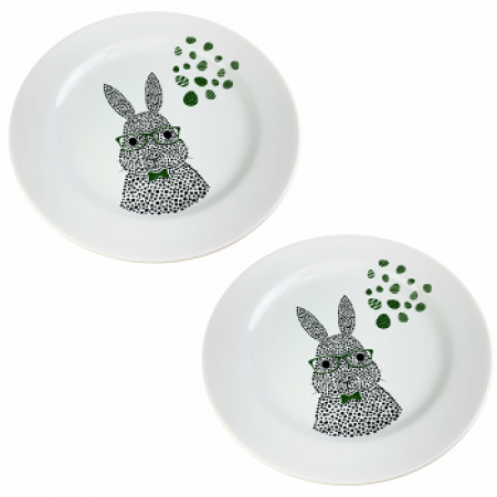 Jogo c/ 2 Pratos p/ Sobremesa Bunny  Verde Porcelana, 20 cm, Coleção Exclusiva Páscoa