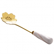 Colher p/ Chá Aço Inox Daisy Flower Dourada c/ Cabo de Cerâmica Branco Fio Dourado