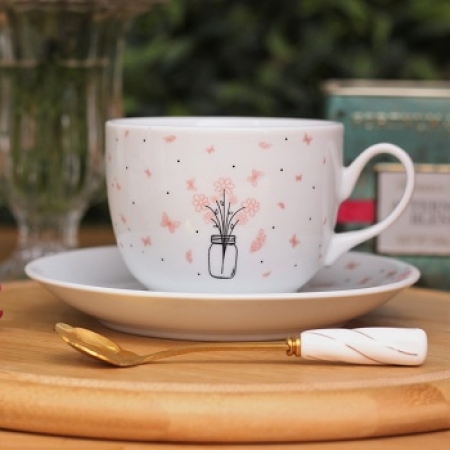 Xícara de Chá de Porcelana com Pires 240 ml Coleção Exclusiva Garden