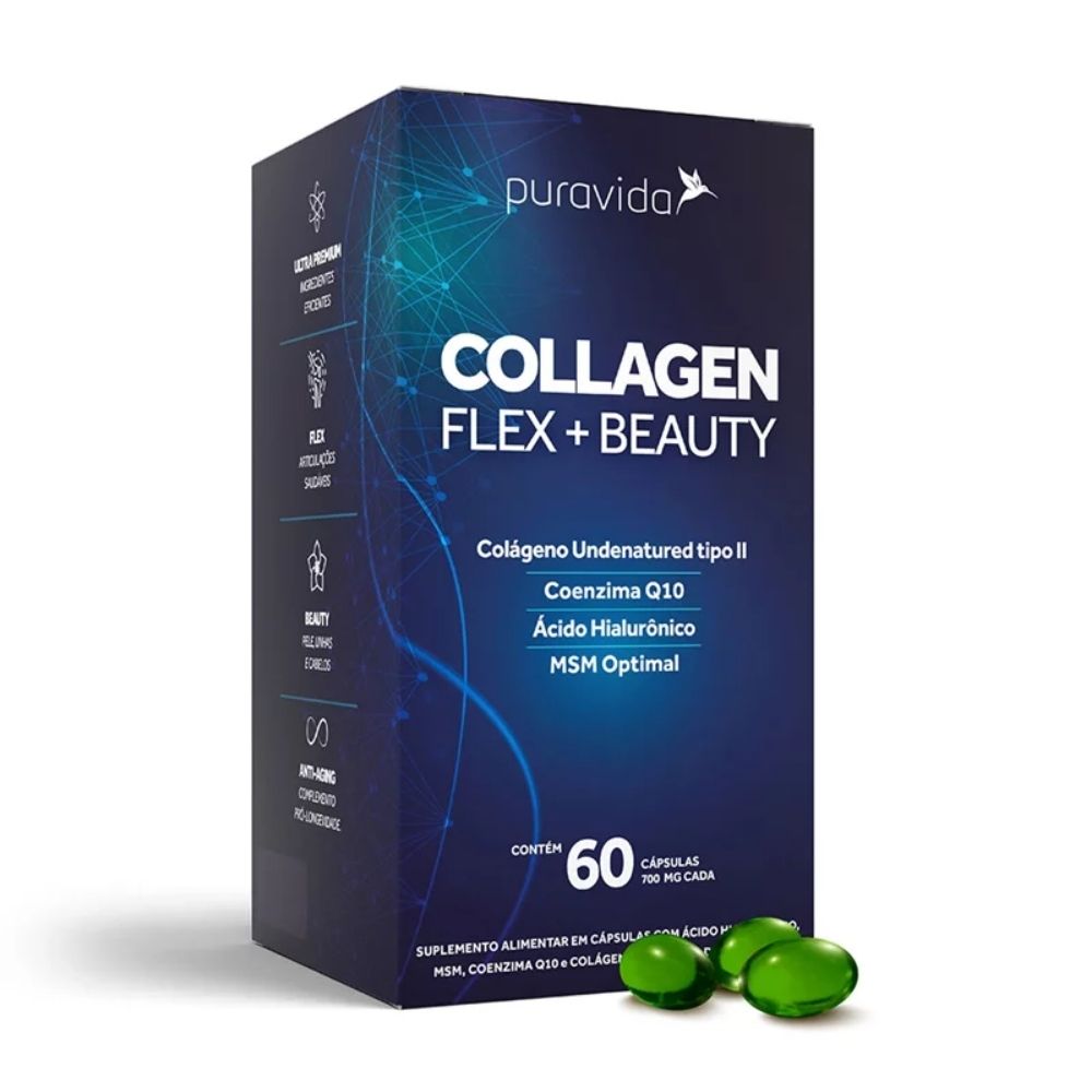 Collagen Flex Beauty Colágeno Tipo 2 MSM Àcido Hialurônico COQ10 Puravida 60 cáps