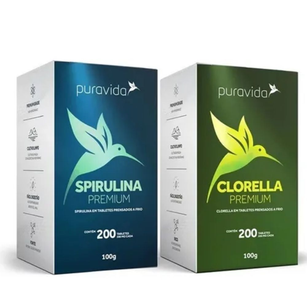 Kit Super Algas 01 Clorella Orgânica 200 Tabletes + 01 Spirulina Premium 200 Tabletes Puravida