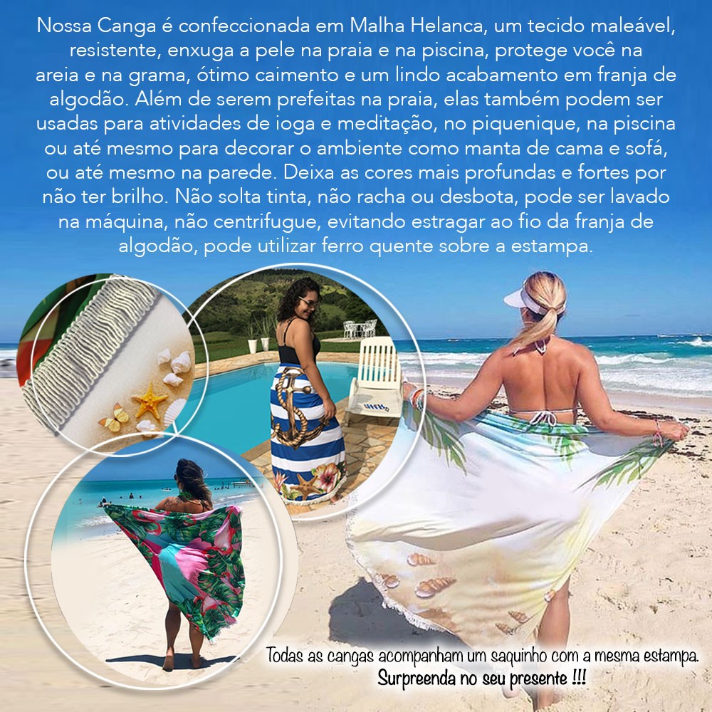 Canga Saída de Praia Redonda com Franja - Hello Summer 1,5m CG-0054