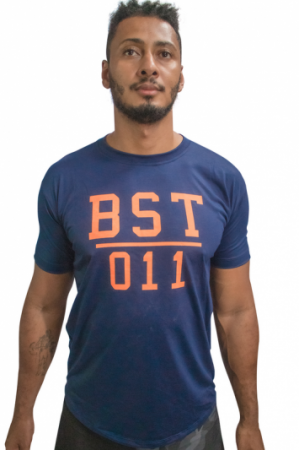 Camiseta Masculina BST 011 Azul Marinho com silk Laranja Neon