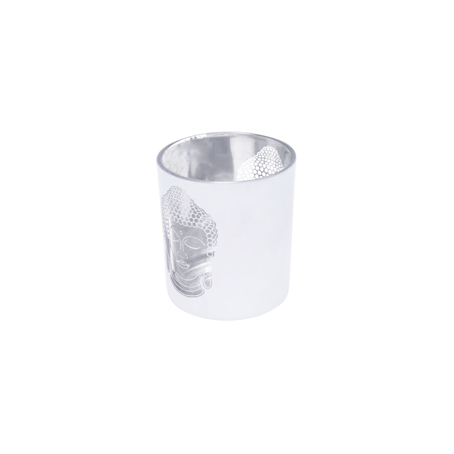 Castiçal de Vidro Metalic Buddah Prata e Branco 7x7x8cm