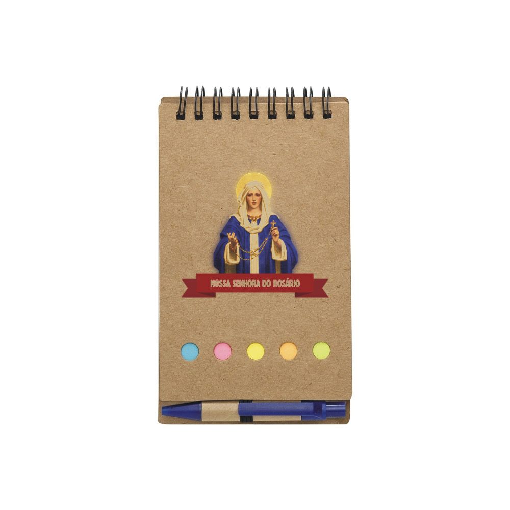 Caderneta Nossa Senhora do Rosário. Bloco de anotações + caneta. Pacte c/ 10 unids.