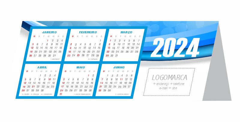 Calendário 2024 de mesa, azul, personalizado. Pcte. c/ 50un