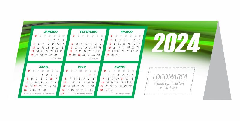 Calendário 2024 de mesa, verde, personalizado. Pcte. c/ 50un