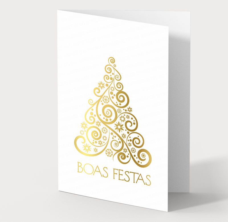 Cartão de natal branco + dourado, hotstamp, personalizado. 30-010. Pacote c/ 50un
