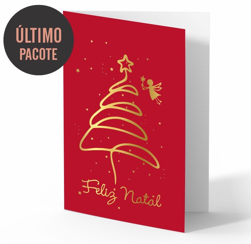 Cartão de natal vermelho + dourado, hotstamp, com dobra, personalizado. 30-p301. Pacote c/ 50un
