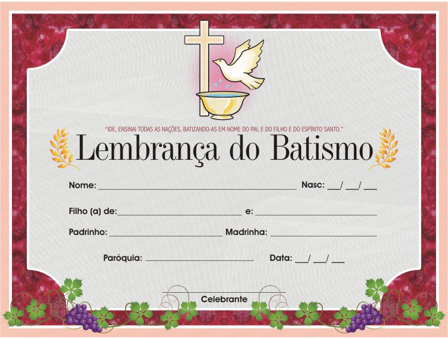 Lembrança / certificado de Batismo. c/ 30un