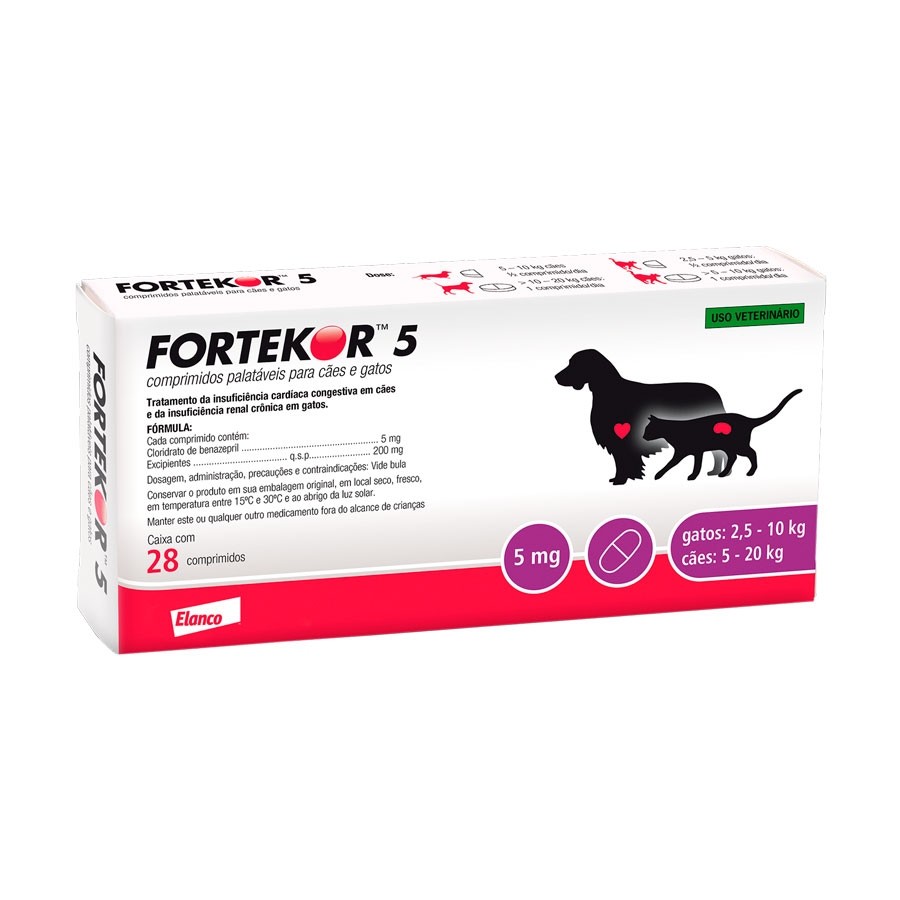 Fortekor 5mg 28 Comprimidos Cães e Gatos Elanco