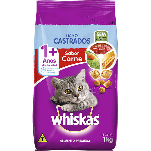 Ração Whiskas Carne para Gatos Adultos Castrados - 1 Kg