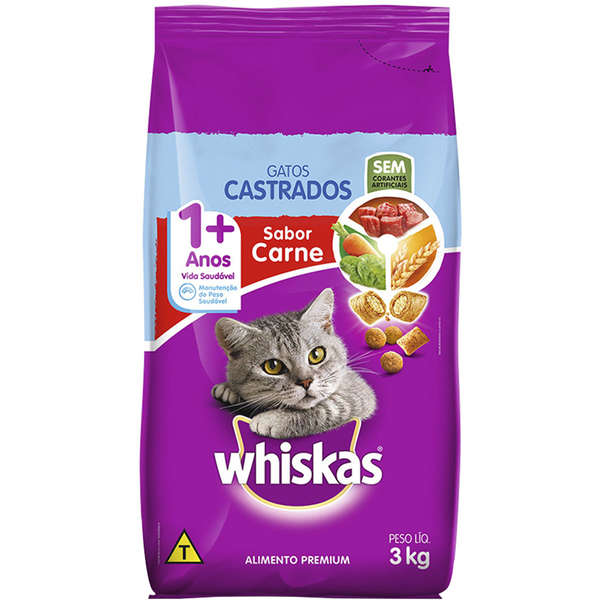 Ração Whiskas Carne para Gatos Adultos Castrados - 3 Kg