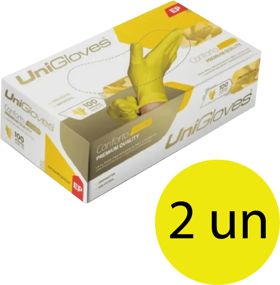 Kit 02 caixas de luva de látex descartável natural conforto yellow sem pó unigloves - 100un TAM EP (Extra Pequeno)