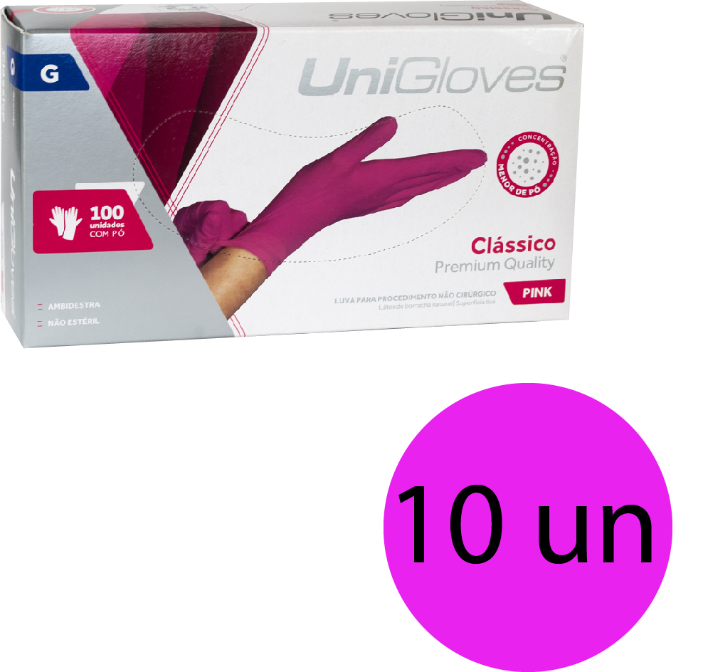 Kit 10 caixas de luva de látex descartável clássico pink com pó unigloves - 100un TAM G (Grande)