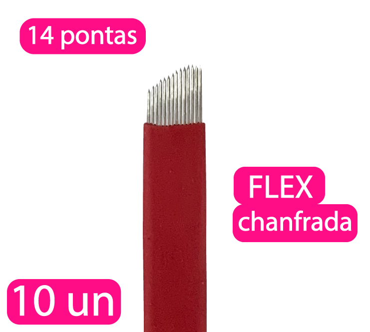 Kit 10 unidades - Lâmina tebori FLEX chanfrada descartável para microblanding - 14 pontas haste vermelha