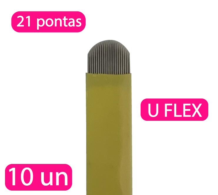 Kit 10 unidades - Lâmina tebori FLEX em U descartável para microblanding - 21 pontas haste amarela