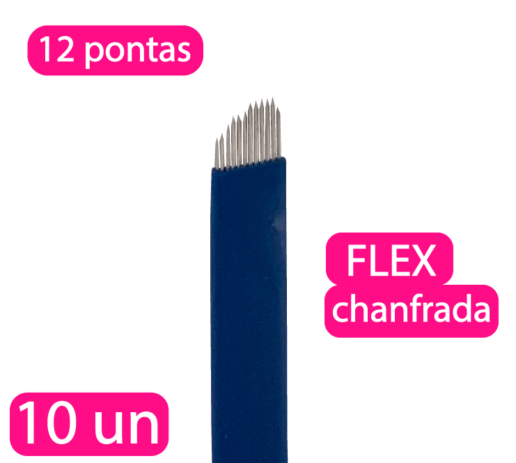 Kit 10 unidades - Lâminas tebori FLEX chanfrada descartável para microblanding - 12 pontas haste azul