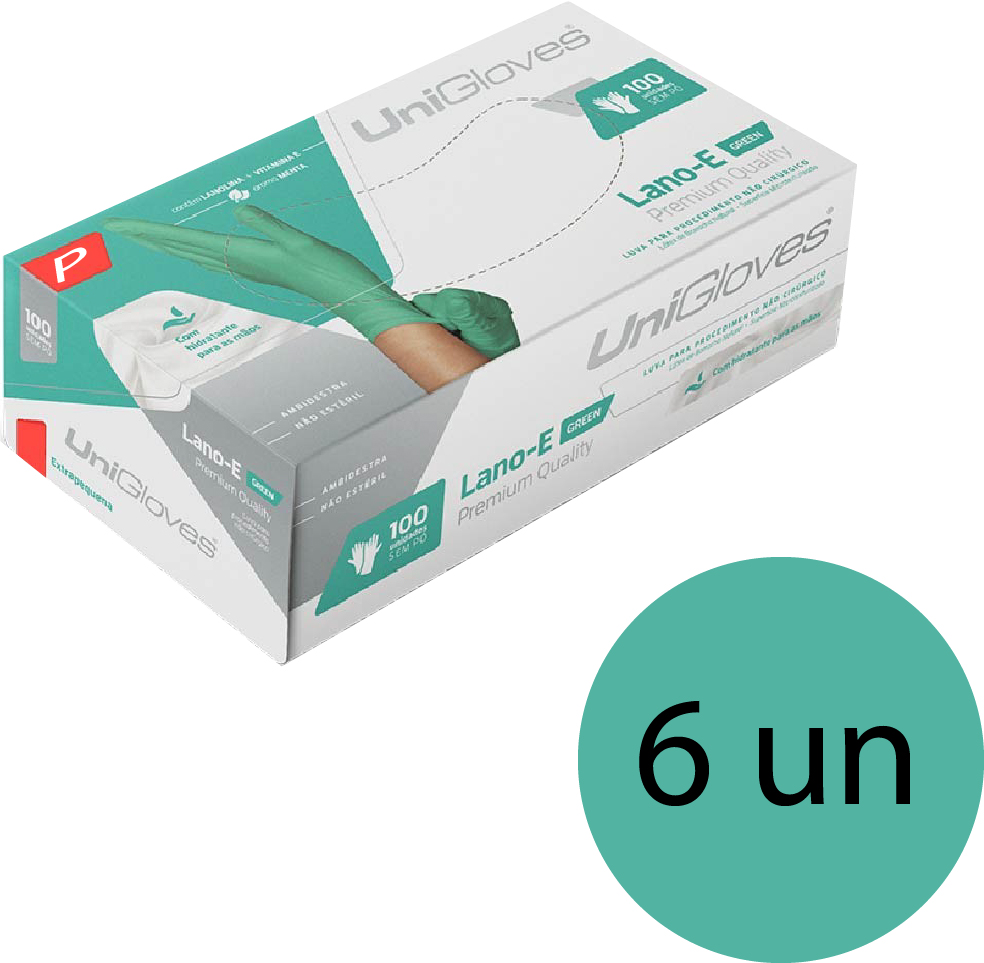 Kit 6 caixas de luva de látex descartável clássico green com pó unigloves - 100un TAM P (Pequeno)