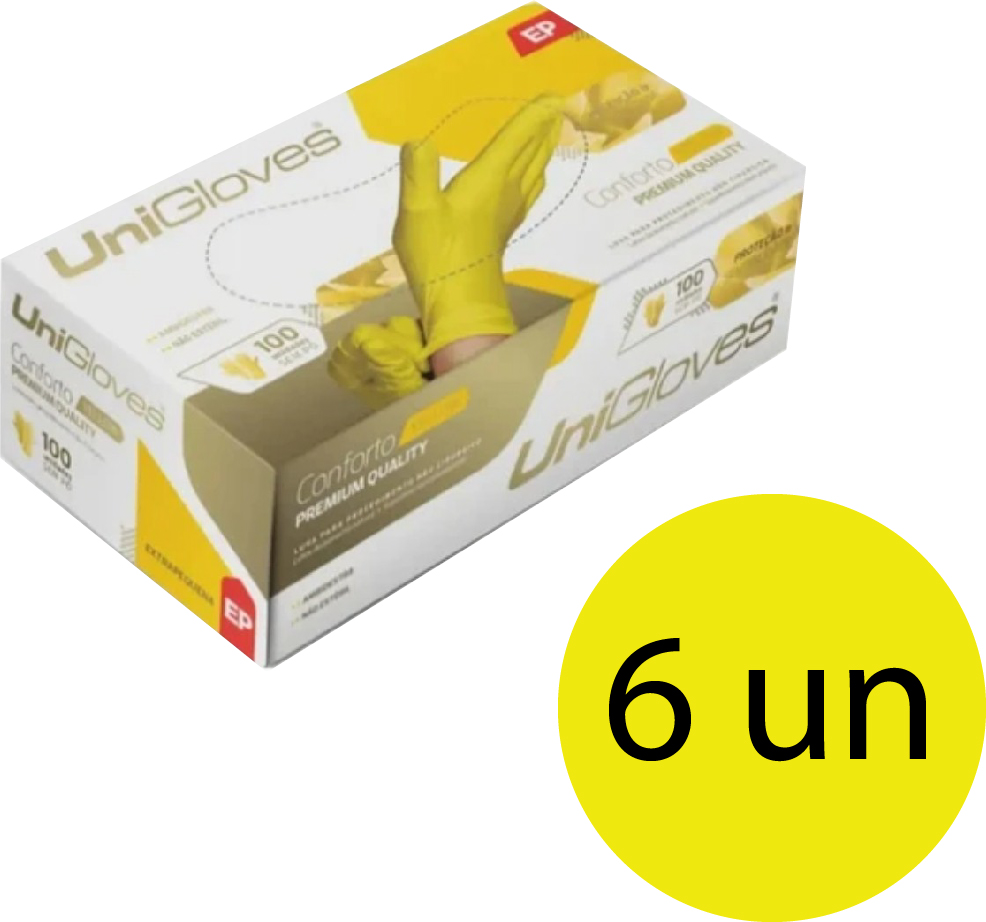 Kit 6 caixas de luva de látex descartável clássico yellow com pó unigloves - 100un TAM EP (Extra Pequeno)