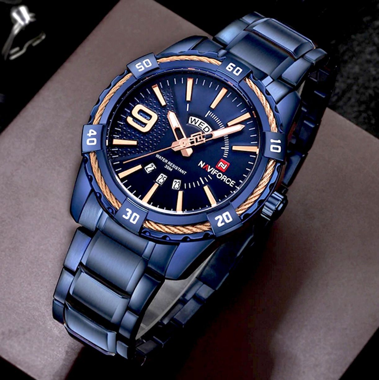 Relógio Masculino Luxo Naviforce Original Azul Preto Dourado