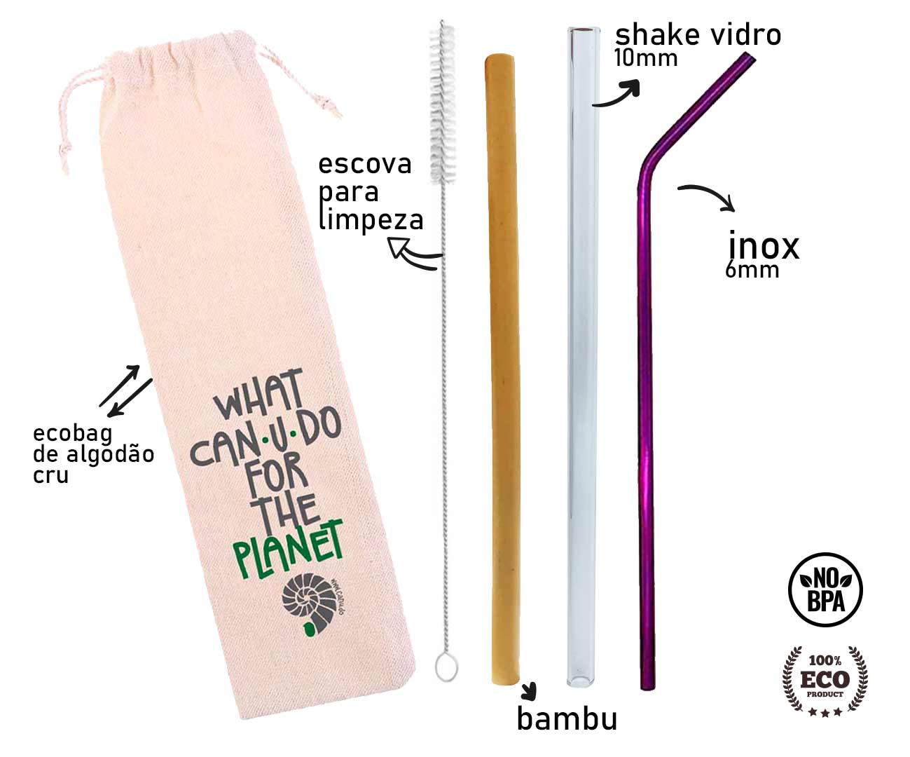 Kit Misto 5 em 1 - Bambu - Inox Roxo - Vidro + Escova + Bag