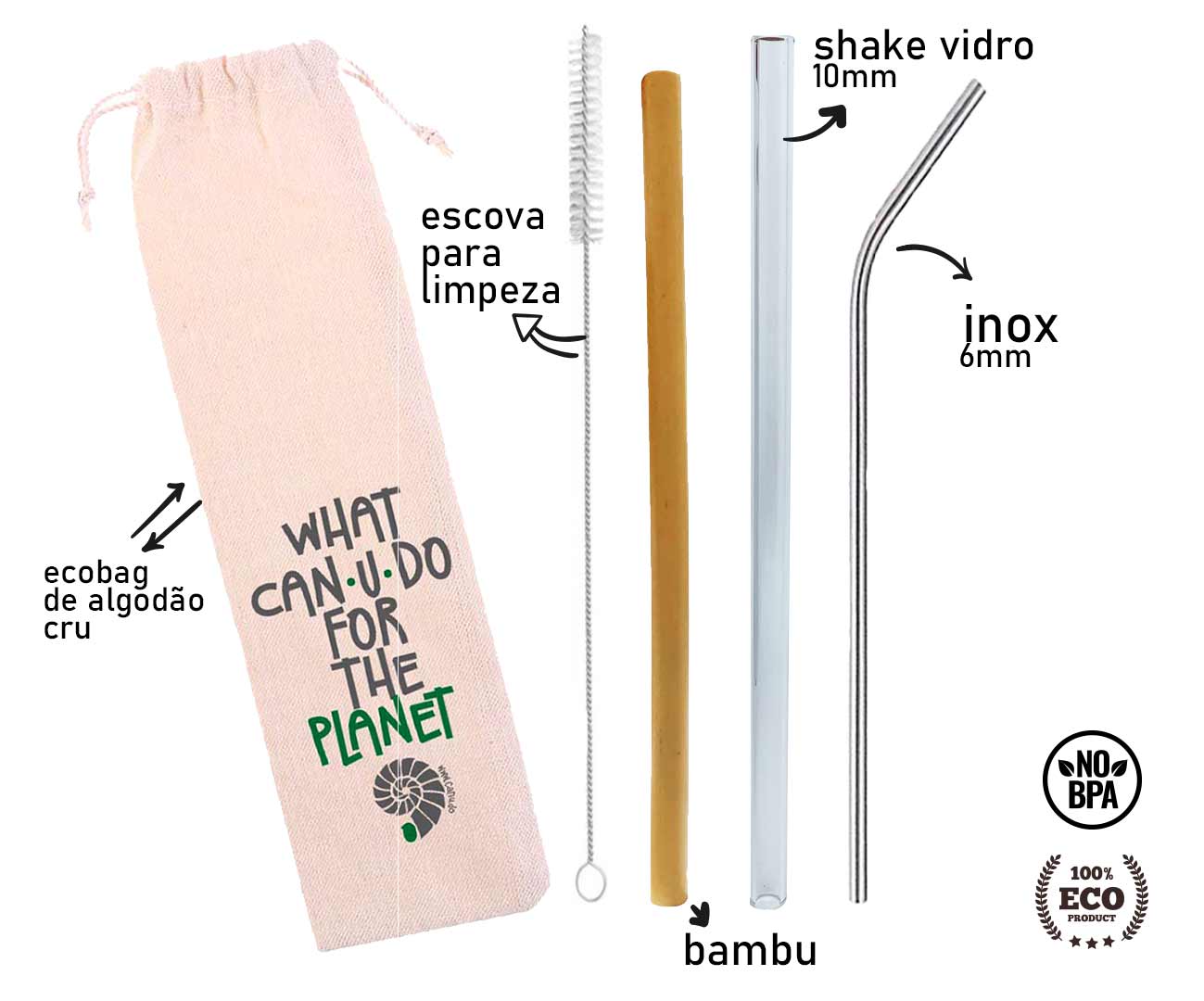 Kit Misto 5 em 1 - Bambu - Inox - Vidro + Escova + Ecobag