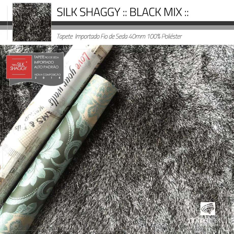Tapete Silk Shaggy Black Mix - Preto/Cinza, Fio De Seda 40mm 3,00 x 4,00m