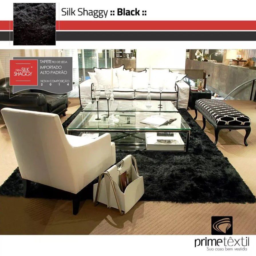 Tapete Silk Shaggy Black, Preto Onix, Fio De Seda 40mm 1,00 x 1,50m