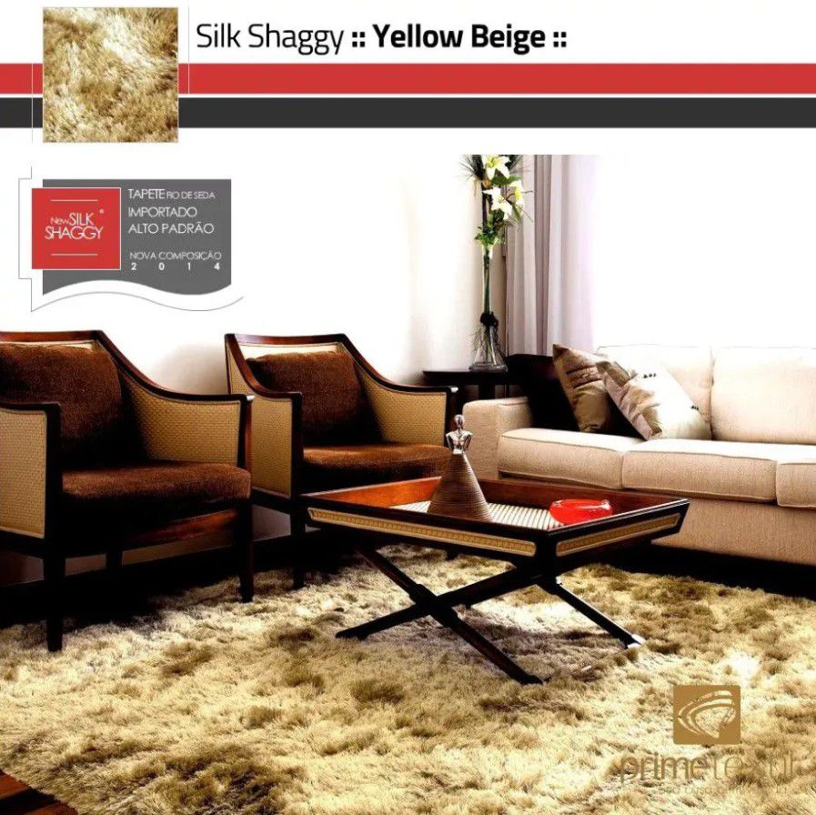 Tapete Silk Shaggy Yellow Beige, Bege Ouro, Fio de Seda 40mm 2,50 x 3,00m