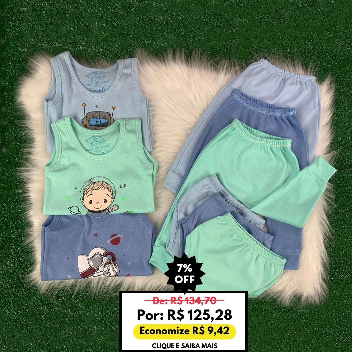 Kit 9 Peças para Bebê Menino: Body Regata + Mijãozinho + Tapa Fralda