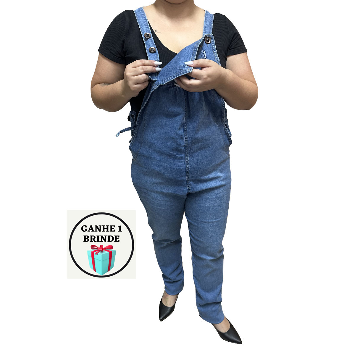 Macacão Longo Plus Size Grávida Jeans Azul Médio Maternidade