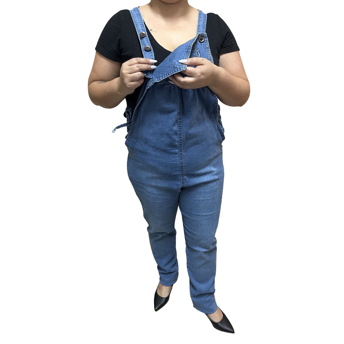 Macacão Longo Plus Size Grávida Jeans Azul Médio Maternidade