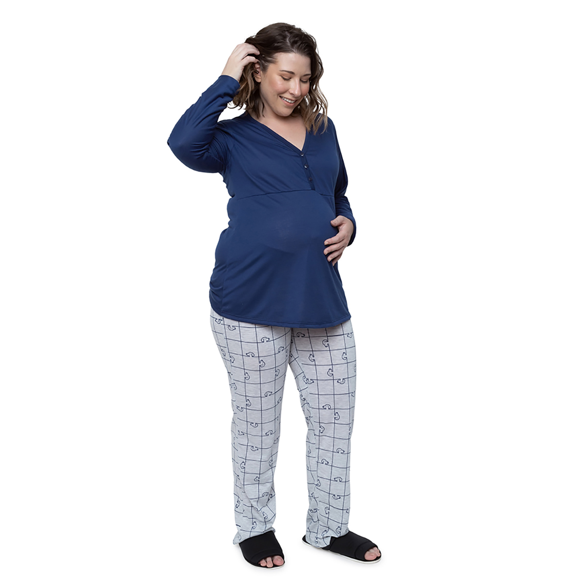 Pijama Longo Maternidade com Botões estampa Snoopy Linda Gestante