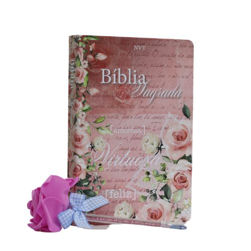 Bíblia Sagrada NVT Rosa - virtuosa + Caneta em Flor