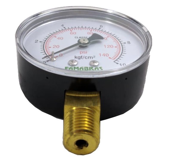 Manômetro de Gás - 0 a 10Kgf/cm² (140psi) - Rosca 1/4" - Visor 60mm - Ref. 00250