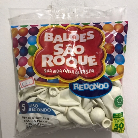 Balão São Roque Redondo- Branco Polar Nº5 com 50 Unidades