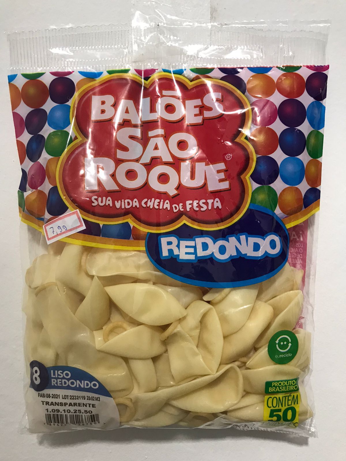 Balão São Roque Redondo- Transparente N°8 com 50 Unidades