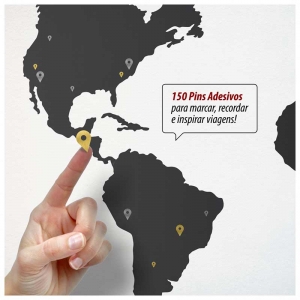 Adesivo de Parede Mapa-Múndi + 150 Pins Adesivos p/ Marcar suas Viagens (120x65/170x90cm) (SOB ENCOMENDA)